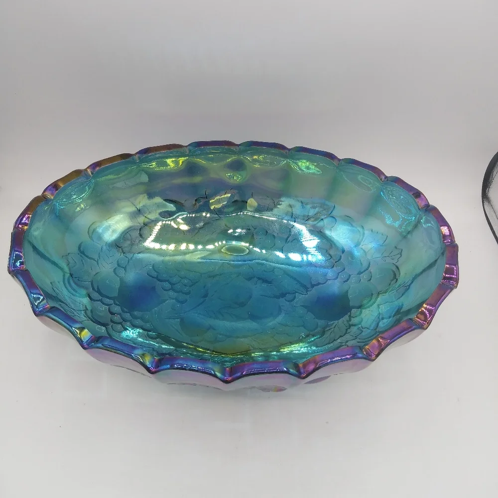 Indiana Glass Harvest Grapes Carnival Iridescent Blue Footed Large Oval Bowl - Picture 9 of 11